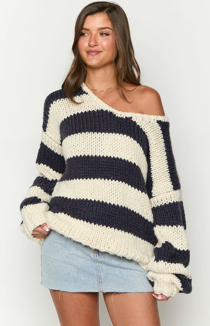 Delvey Navy Striped Chunky Knit Sweater