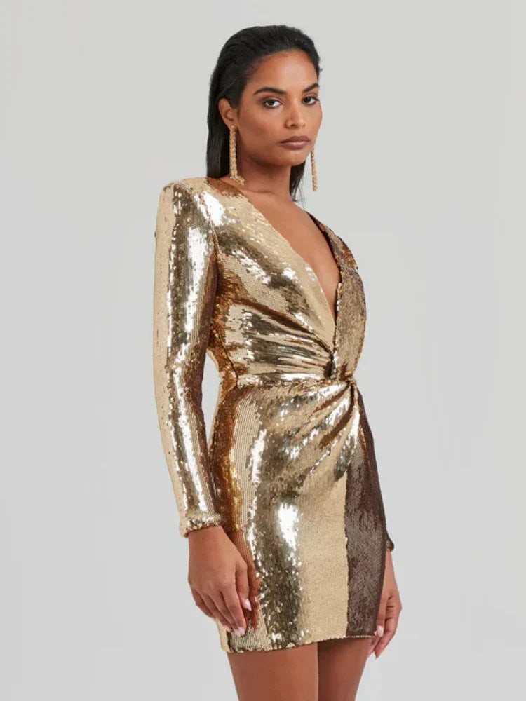 Carysse - Sequins Long Sleeves Fold Mini Dress